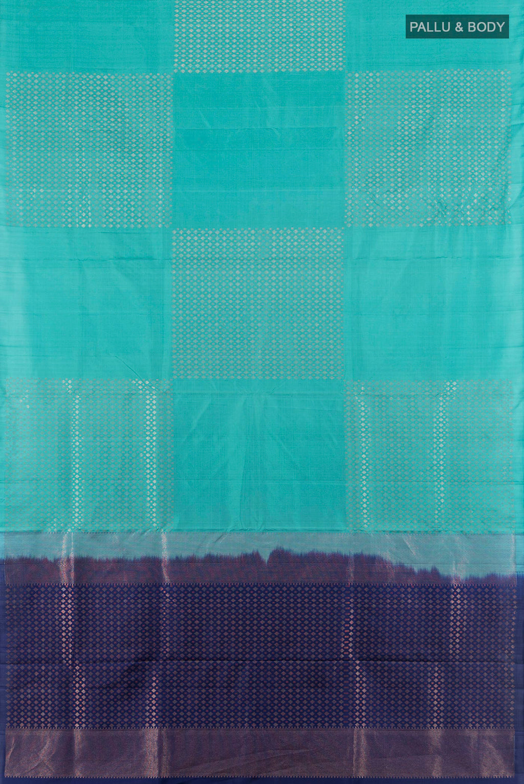 Flat view of Sky Blue Soft Silk Saree with Zari Butta on the body and Without Border. 