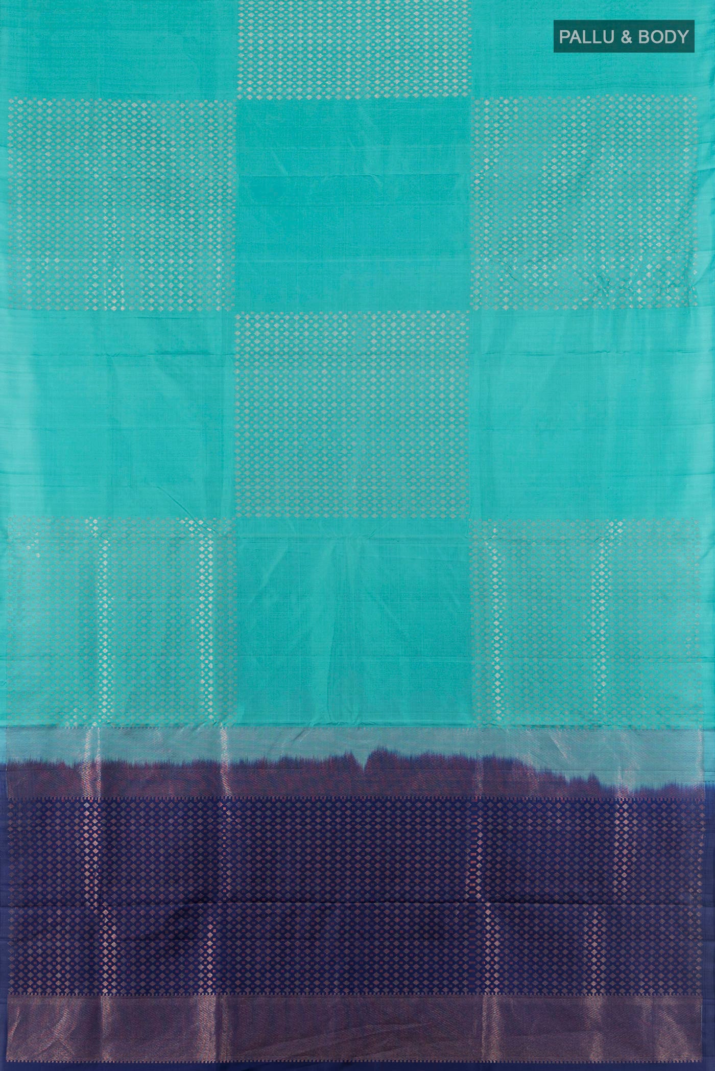 Flat view of Sky Blue Soft Silk Saree with Zari Butta on the body and Without Border. 