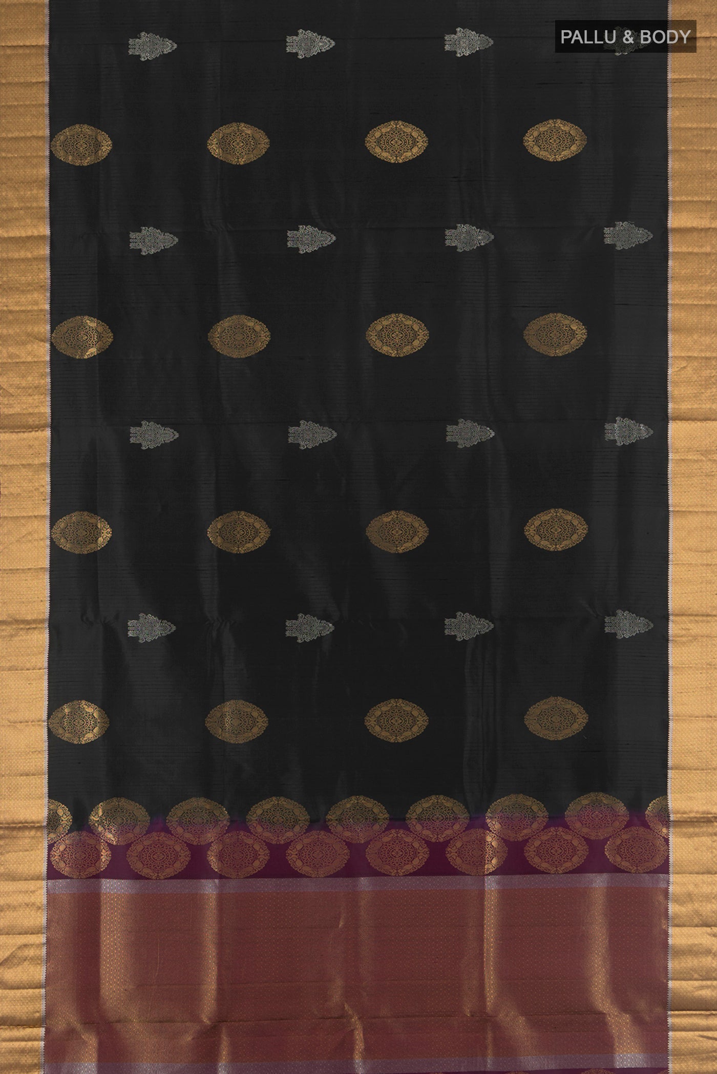 Flat view of Pure Silk Pure Zari Black Soft Saree with Zari Butta on the body and Silk Border. 