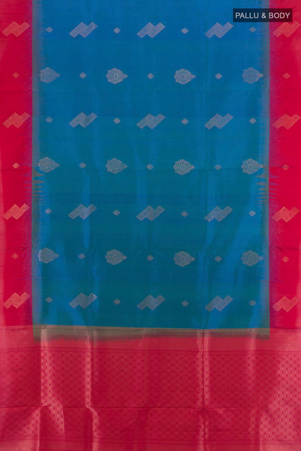 Flat view of Blue Soft Silk Saree with Zari Butta on the body and Zari Border. 