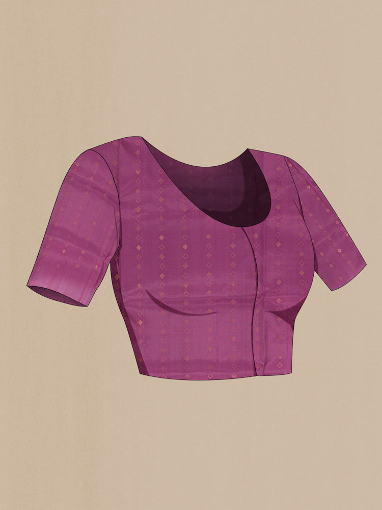 Close up image of the blouse of Bronze Soft Silk Saree with Zari Butta on the body and Silk Border. 