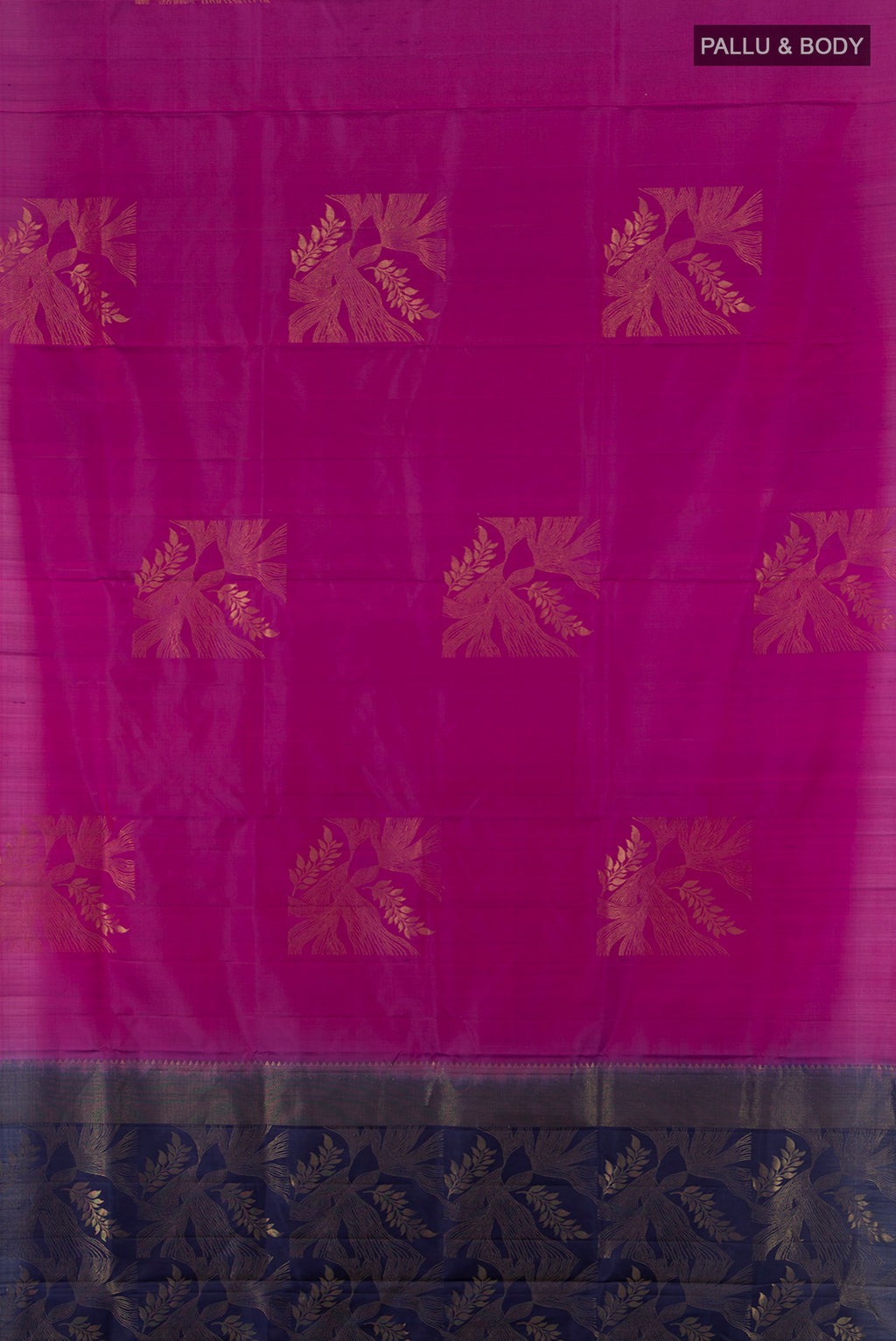 Flat view of Pure Silk Pure Zari Purple Soft Saree with Zari Butta on the body and Silk Border. 