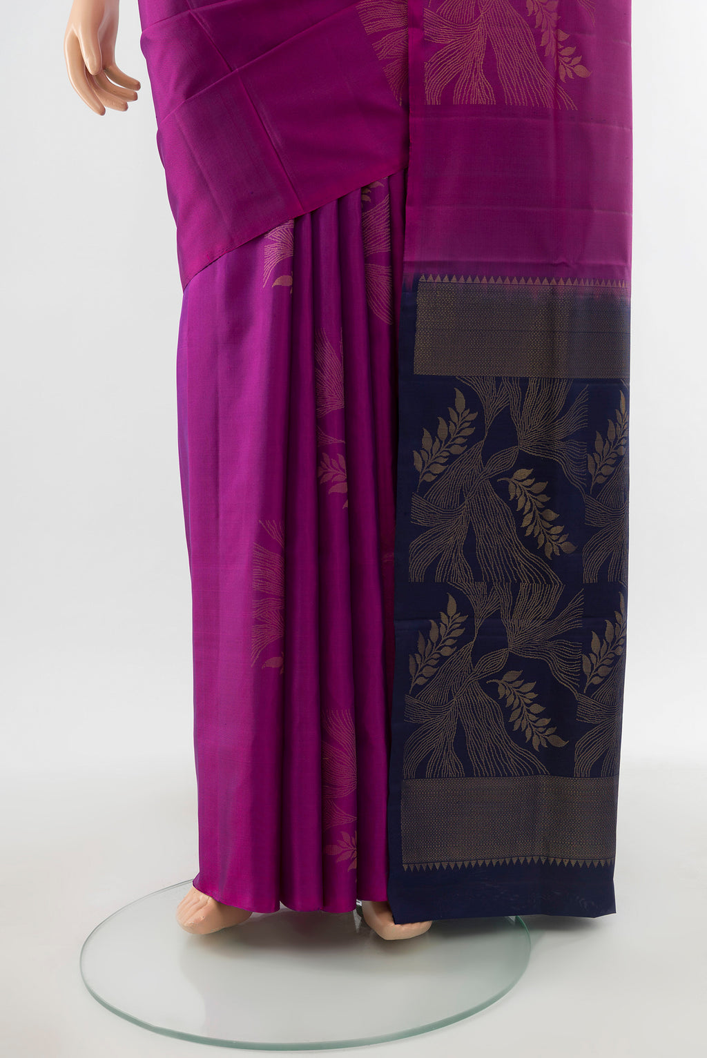 Pleats and pallu of Pure Silk Pure Zari Purple Soft Saree with Zari Butta on the body and Silk Border. 