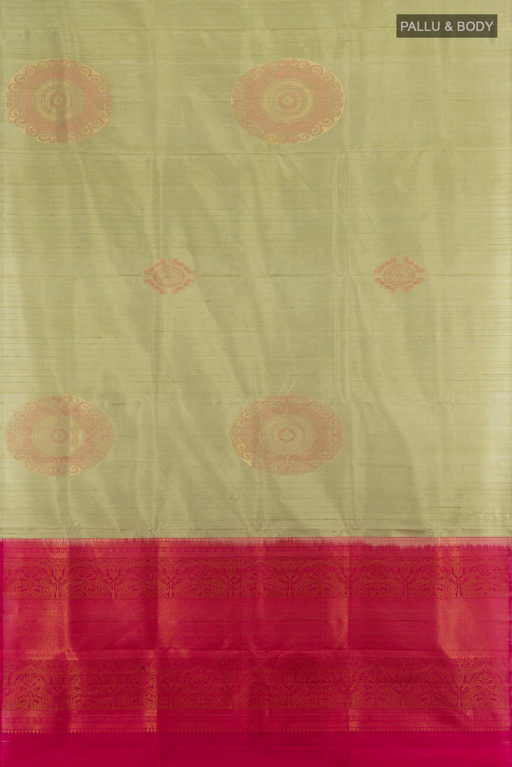 Flat view of Sage Green Soft Silk Saree with Zari Butta on the body and Without Border. 
