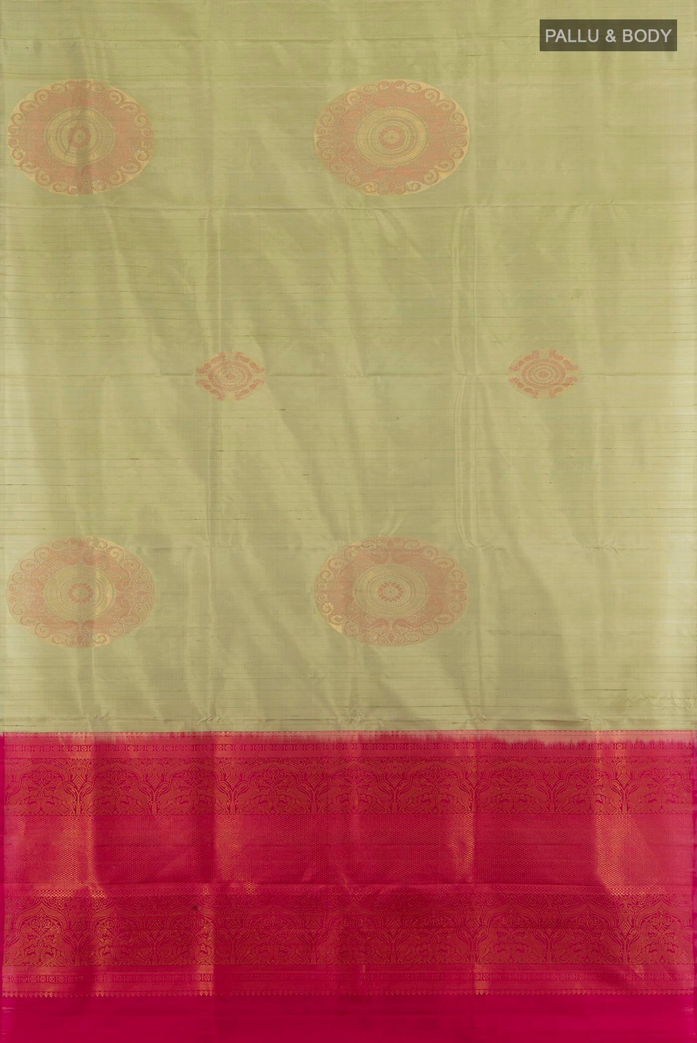 Flat view of Sage Green Soft Silk Saree with Zari Butta on the body and Without Border. 