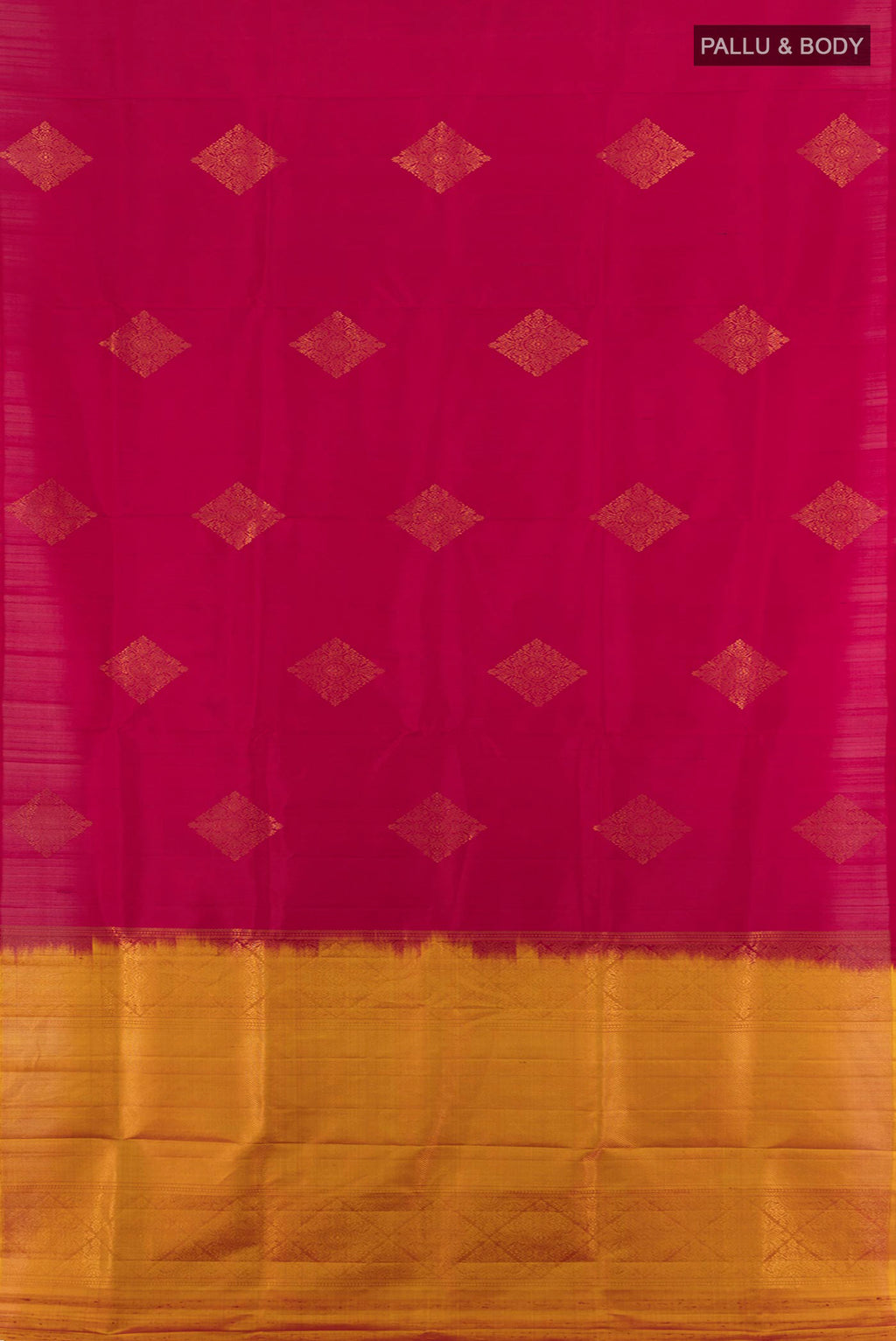 Flat view of Maroon Soft Silk Saree with Zari Butta on the body and Silk Border. 