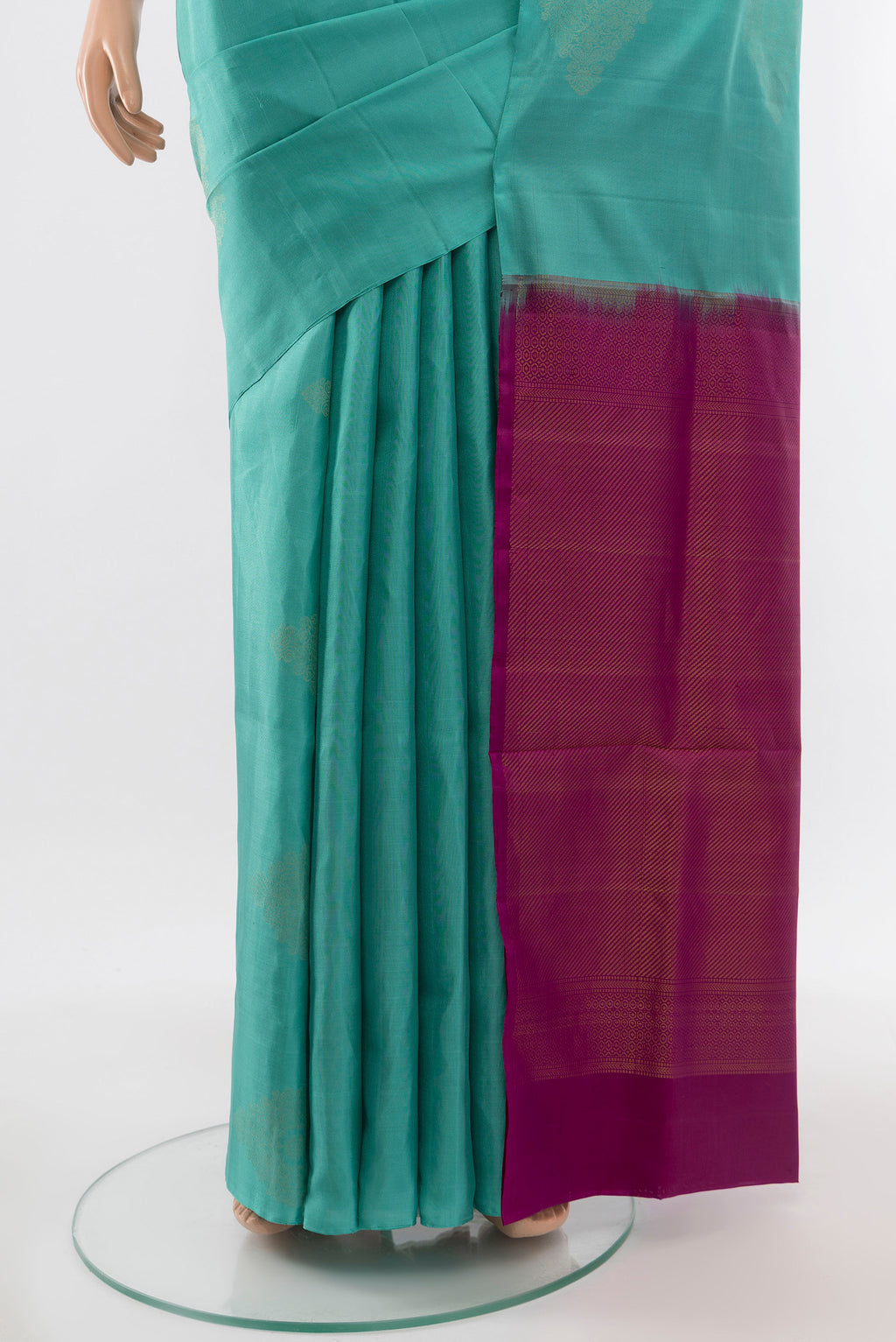 Pleats and pallu of Sky Blue Soft Silk Saree with Zari Butta on the body and Silk Border. 