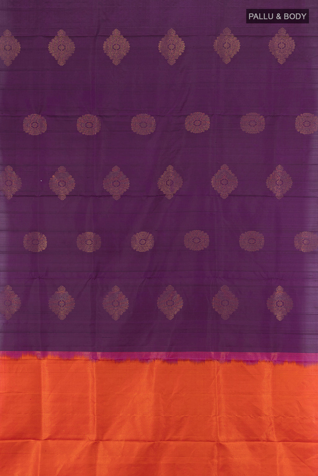 Flat view of Violet Soft Silk Saree with Zari Butta on the body and Silk Border. 