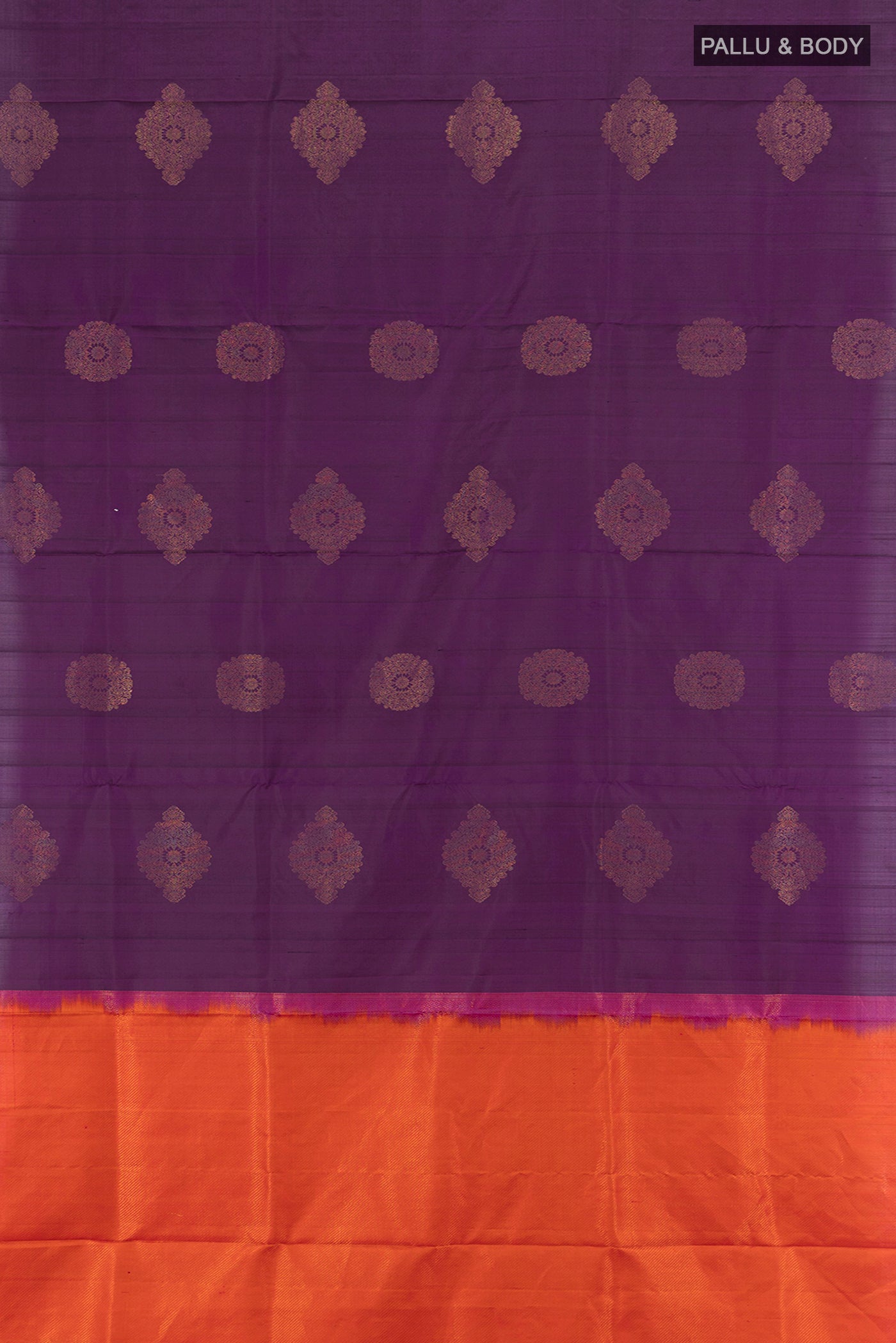 Flat view of Violet Soft Silk Saree with Zari Butta on the body and Silk Border. 