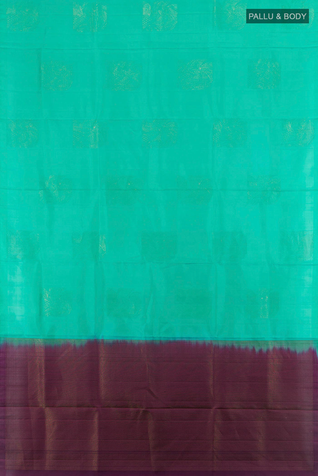 Flat view of Sky Blue Soft Silk Saree with Zari Butta on the body and Silk Border. 