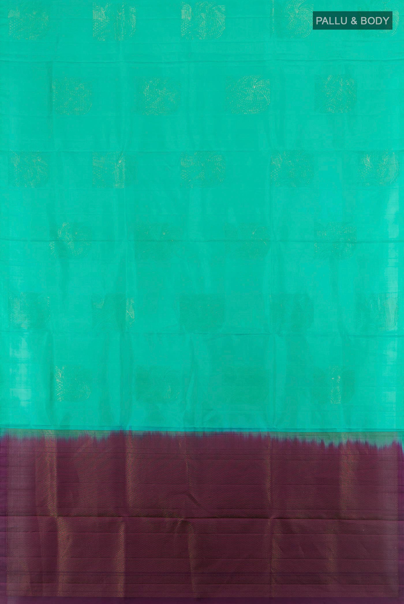 Flat view of Sky Blue Soft Silk Saree with Zari Butta on the body and Silk Border. 
