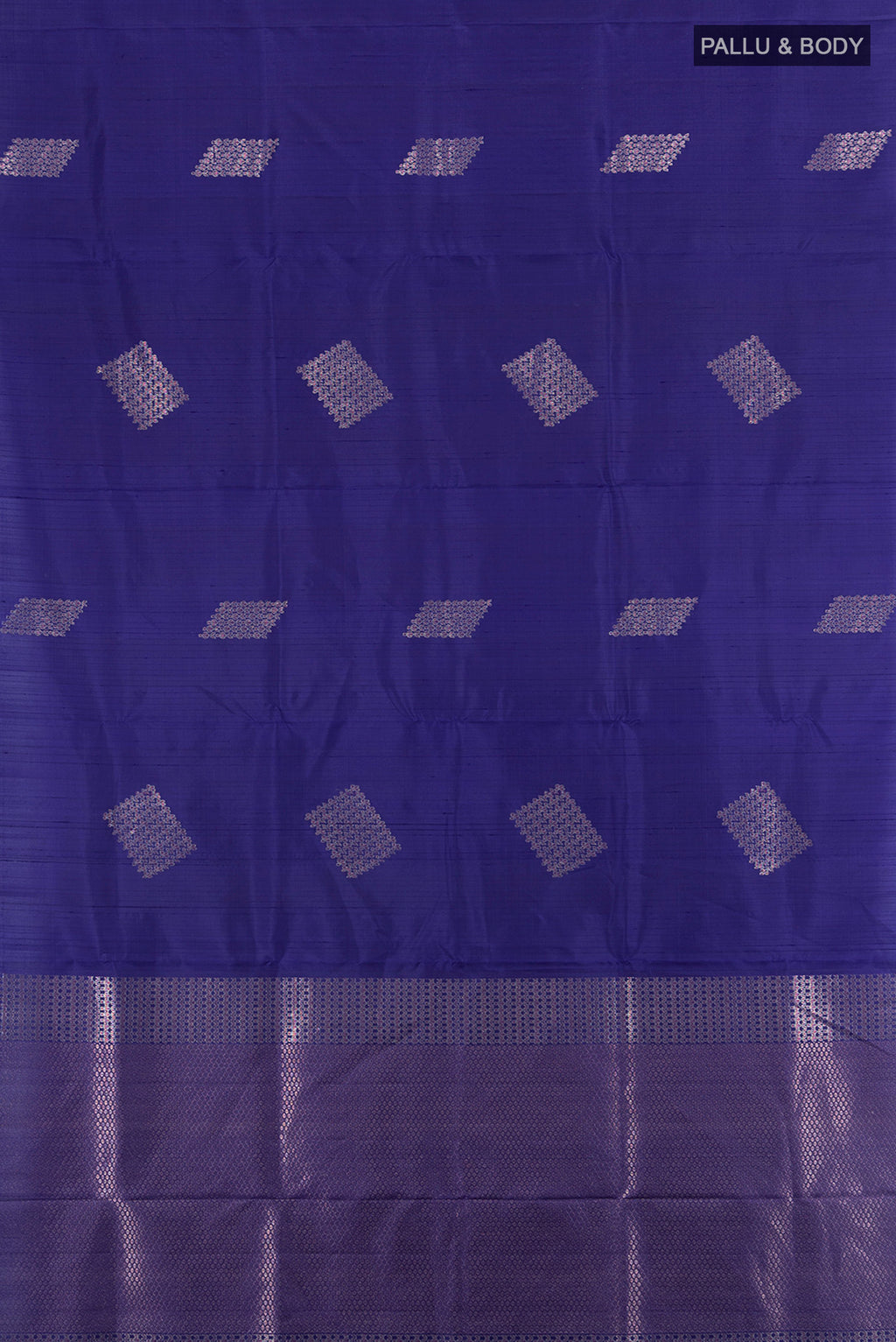 Flat view of Dark Blue Soft Silk Saree with Zari Butta on the body and Without Border. 