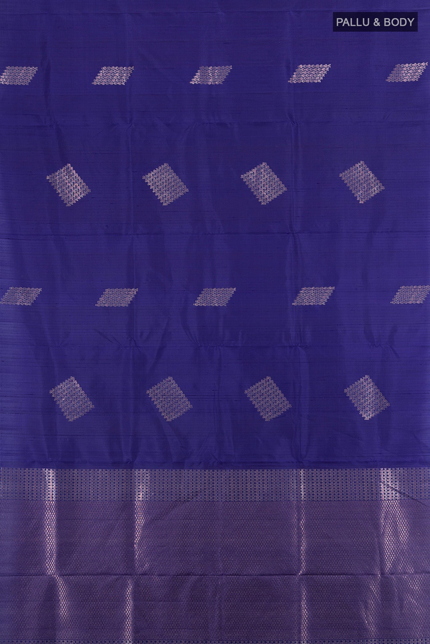 Flat view of Dark Blue Soft Silk Saree with Zari Butta on the body and Without Border. 