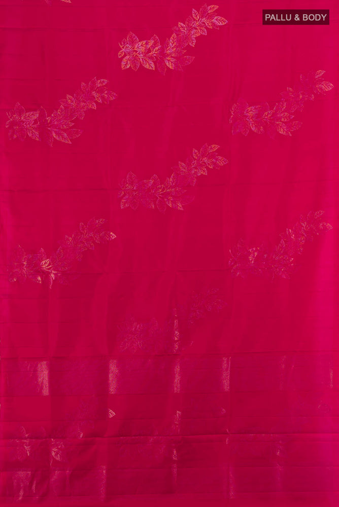 Flat view of Dark Pink Soft Silk Saree with Zari Butta on the body and Silk Border. 
