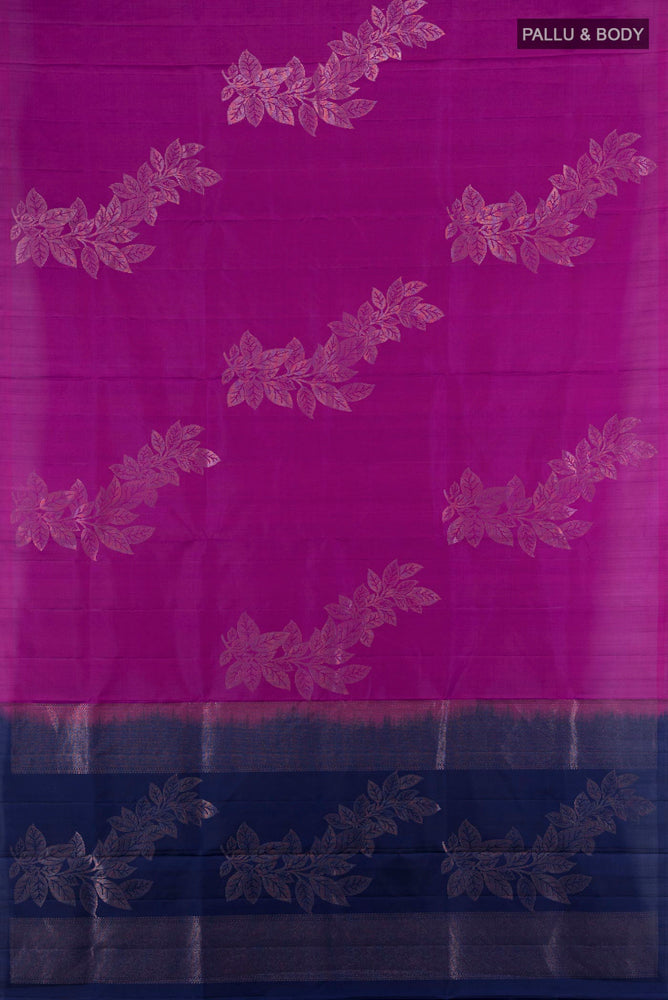 Flat view of Purple Soft Silk Saree with Zari Butta on the body and Silk Border. 