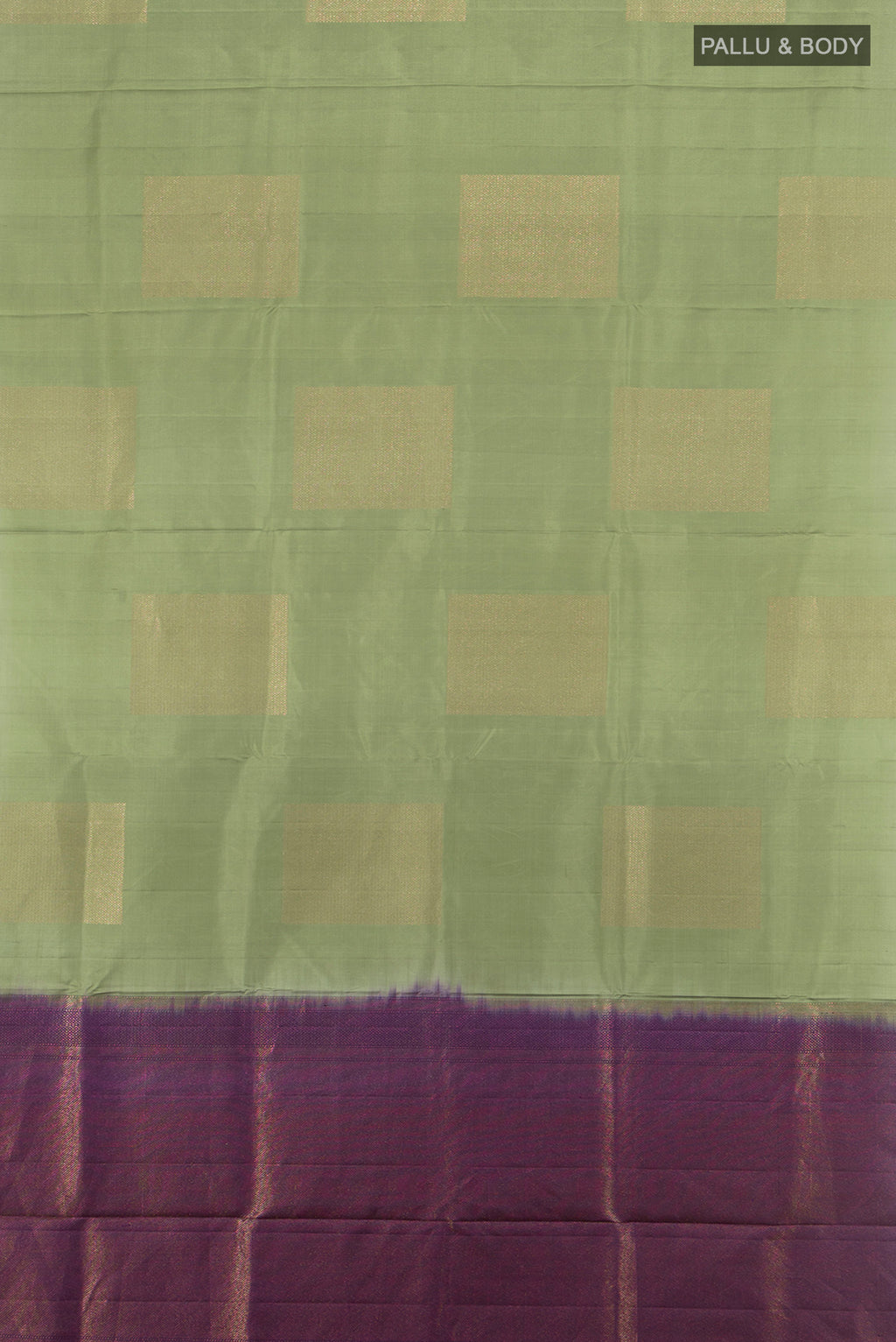 Flat view of Sage Green Soft Silk Saree with Zari Butta on the body and Without Border. 