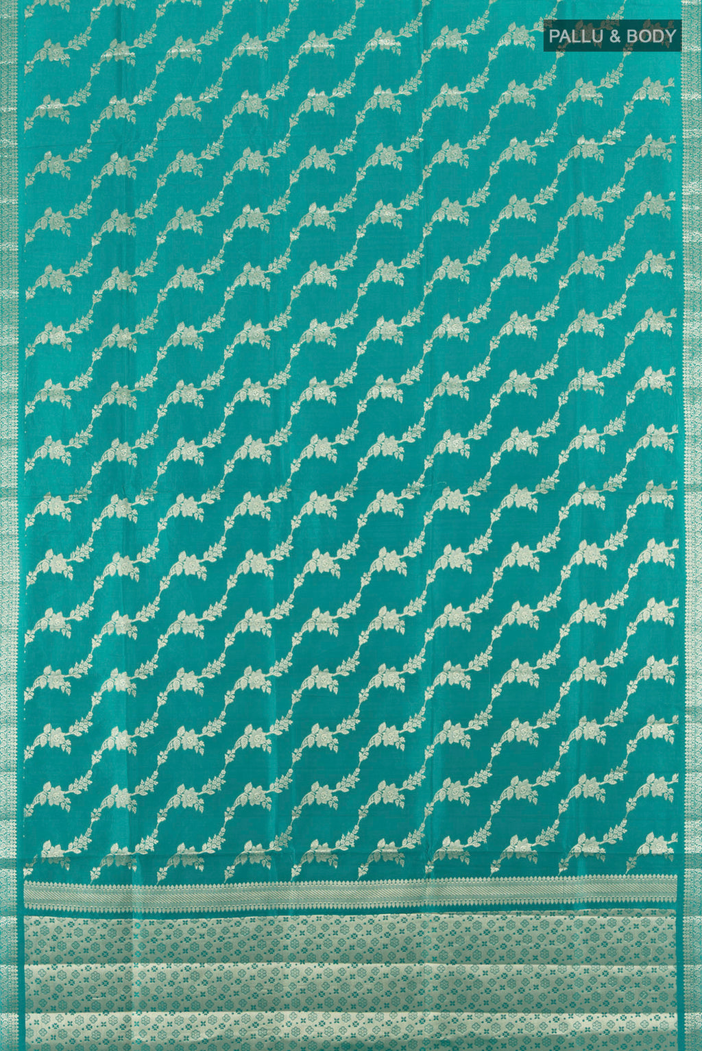 Flat view of Light Blue Banarasi Raw Silk Saree with Zari Butta on the body and Silk Border. 