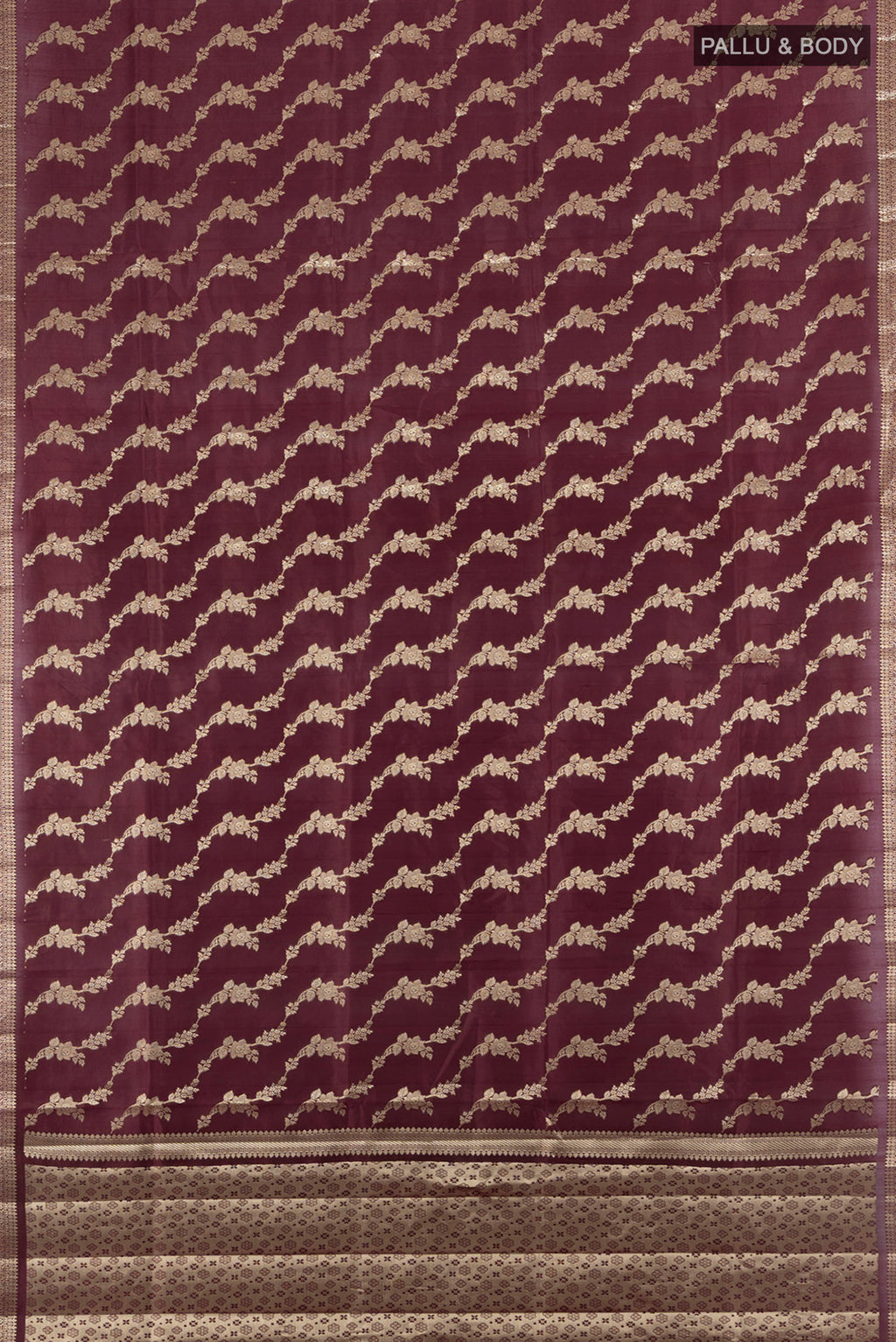 Flat view of Coffee Brown Banarasi Raw Silk Saree with Zari Butta on the body and Silk Border. 