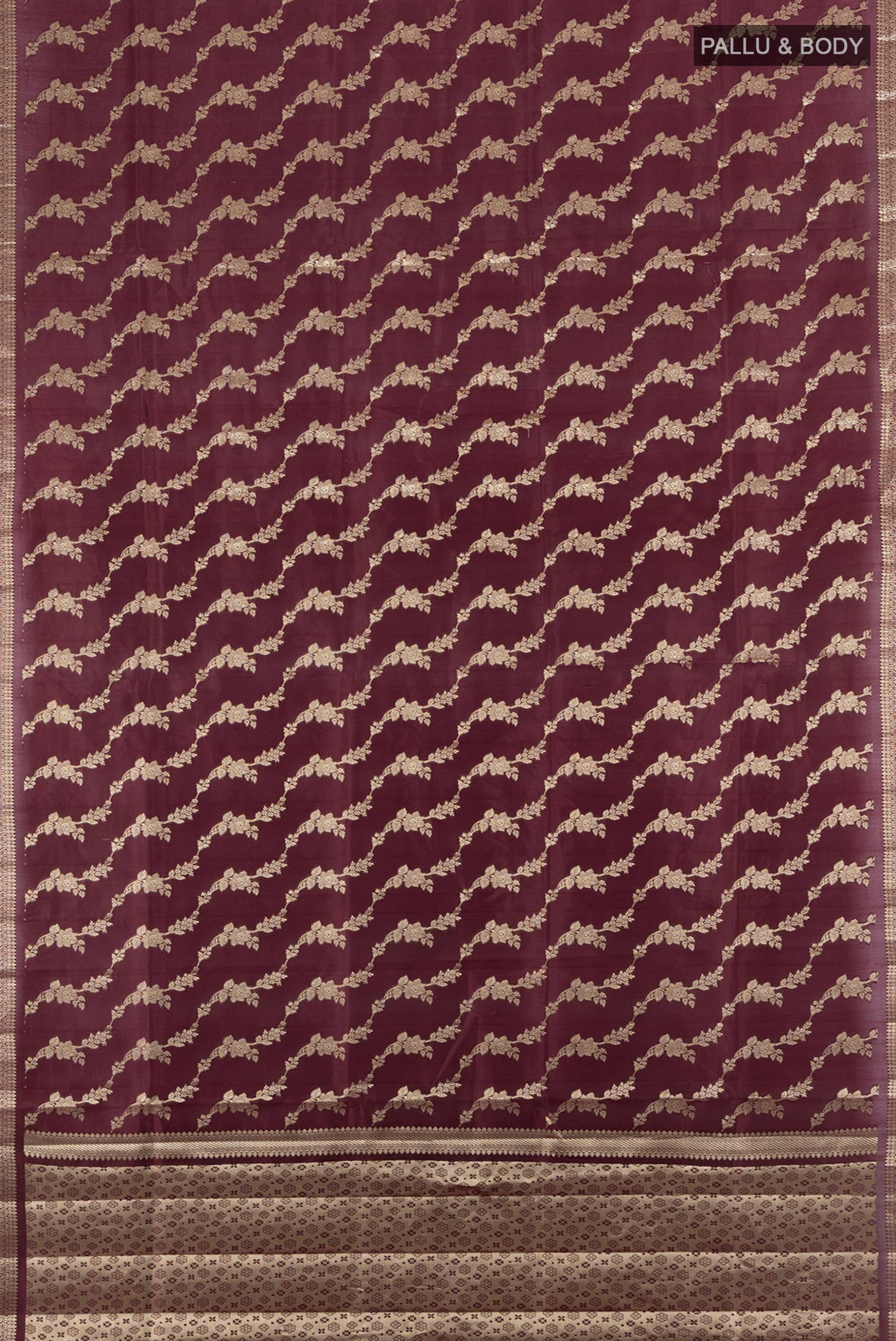 Flat view of Coffee Brown Banarasi Raw Silk Saree with Zari Butta on the body and Silk Border. 