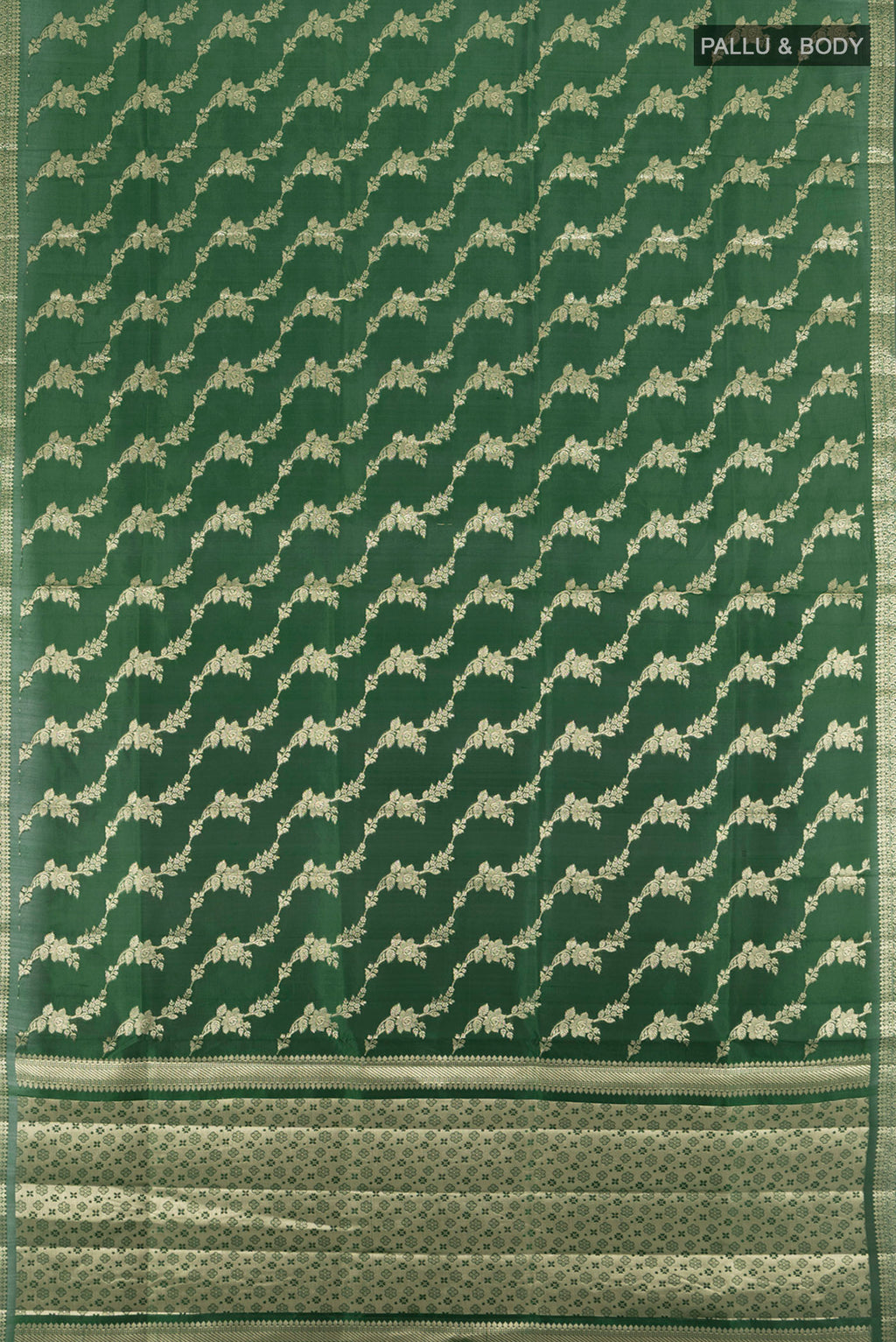 Flat view of Pure Silk Pure Zari Bottle Green Banarasi Raw Saree with Zari Butta on the body and Silk Border. 