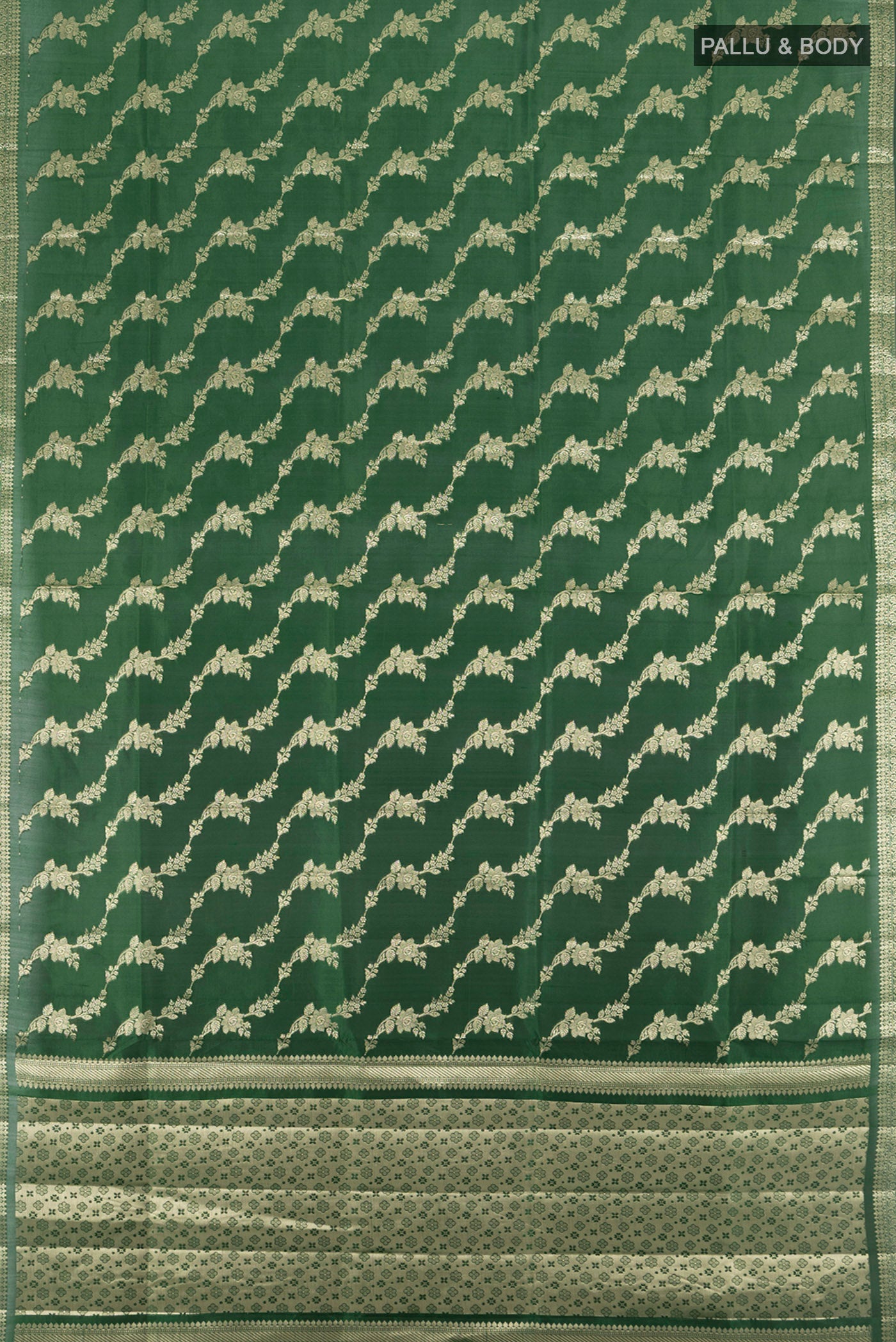 Flat view of Pure Silk Pure Zari Bottle Green Banarasi Raw Saree with Zari Butta on the body and Silk Border. 
