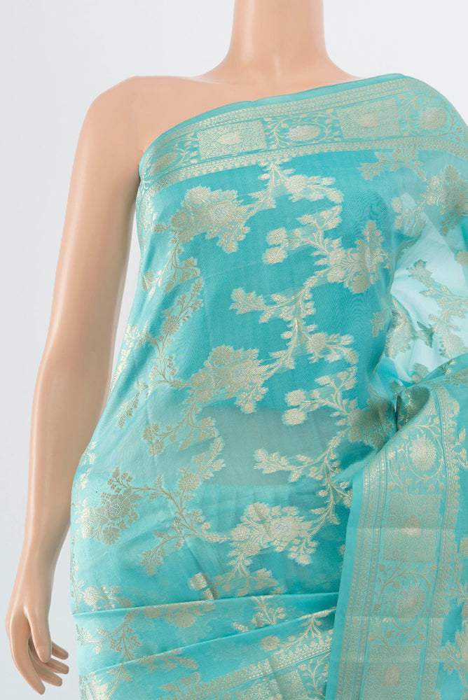Border image of Sky Blue Banarasi Raw Silk Saree with Zari Butta on the body and Silk Border. 