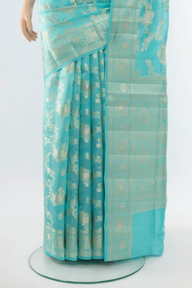 Pleats and pallu of Sky Blue Banarasi Raw Silk Saree with Zari Butta on the body and Silk Border. 