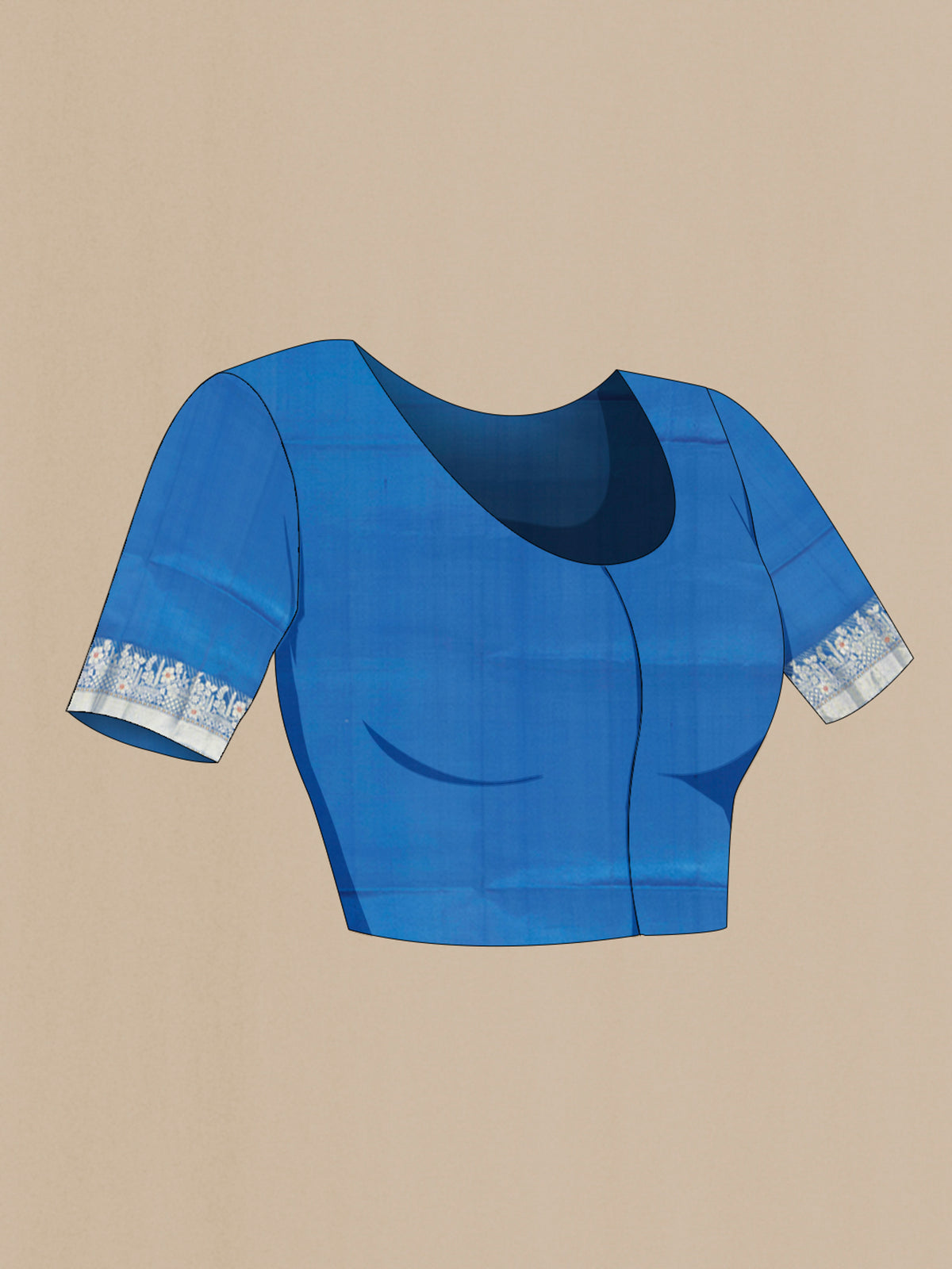 Close up image of the blouse of Light Blue Banarasi Raw Silk Saree with Zari Butta on the body and Silk Border. 