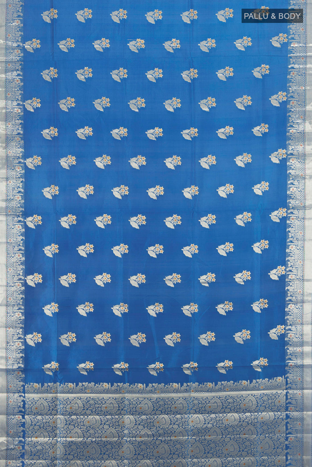 Flat view of Light Blue Banarasi Raw Silk Saree with Zari Butta on the body and Silk Border. 