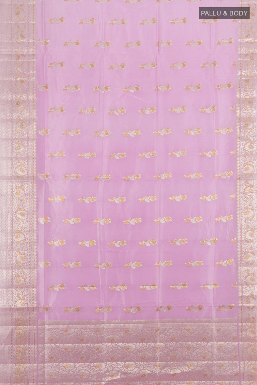 Flat view of Lavender Banarasi Raw Silk Saree with Zari Butta on the body and Silk Border. 