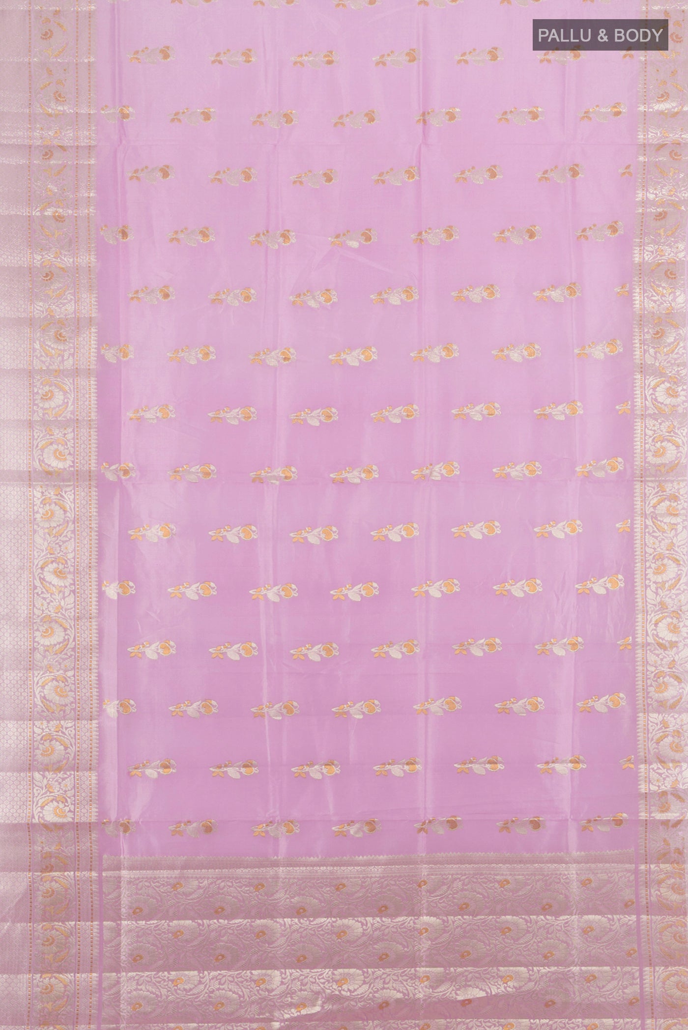 Flat view of Lavender Banarasi Raw Silk Saree with Zari Butta on the body and Silk Border. 