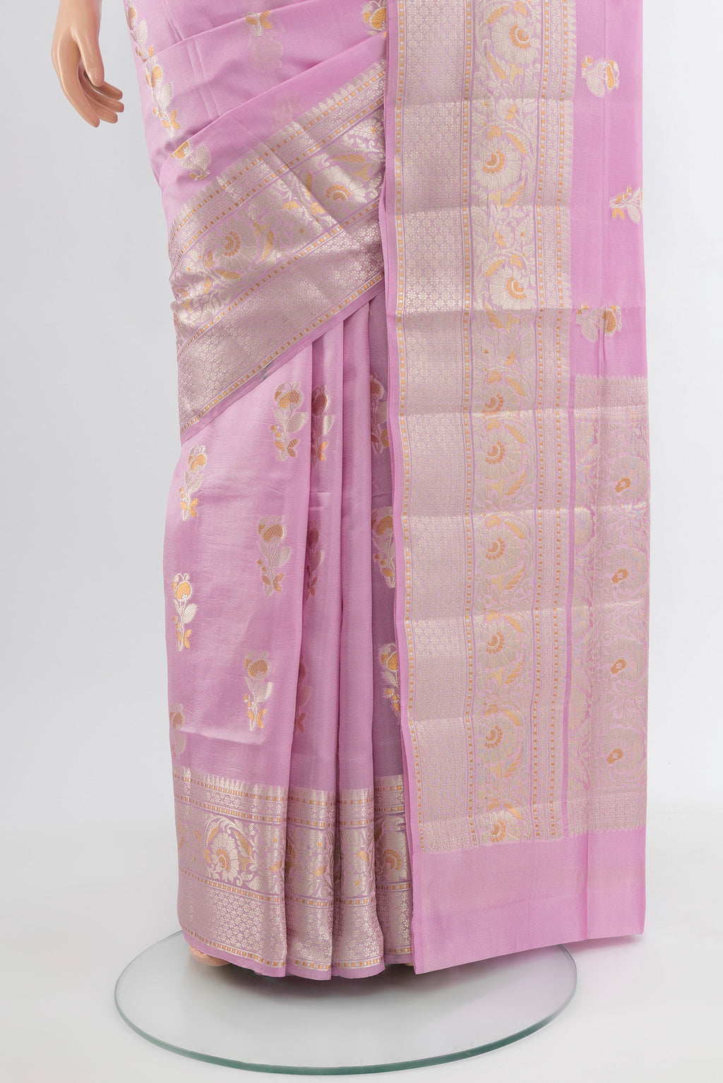 Pleats and pallu of Lavender Banarasi Raw Silk Saree with Zari Butta on the body and Silk Border. 