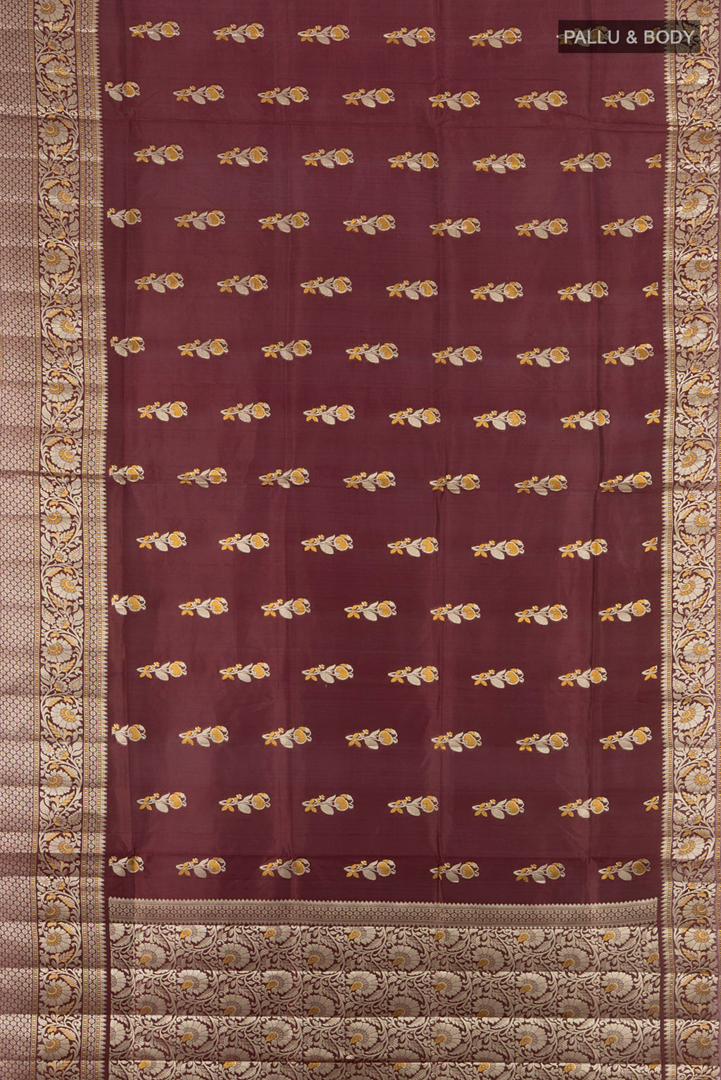 Flat view of Coffee Brown Banarasi Raw Silk Saree with Zari Butta on the body and Silk Border. 