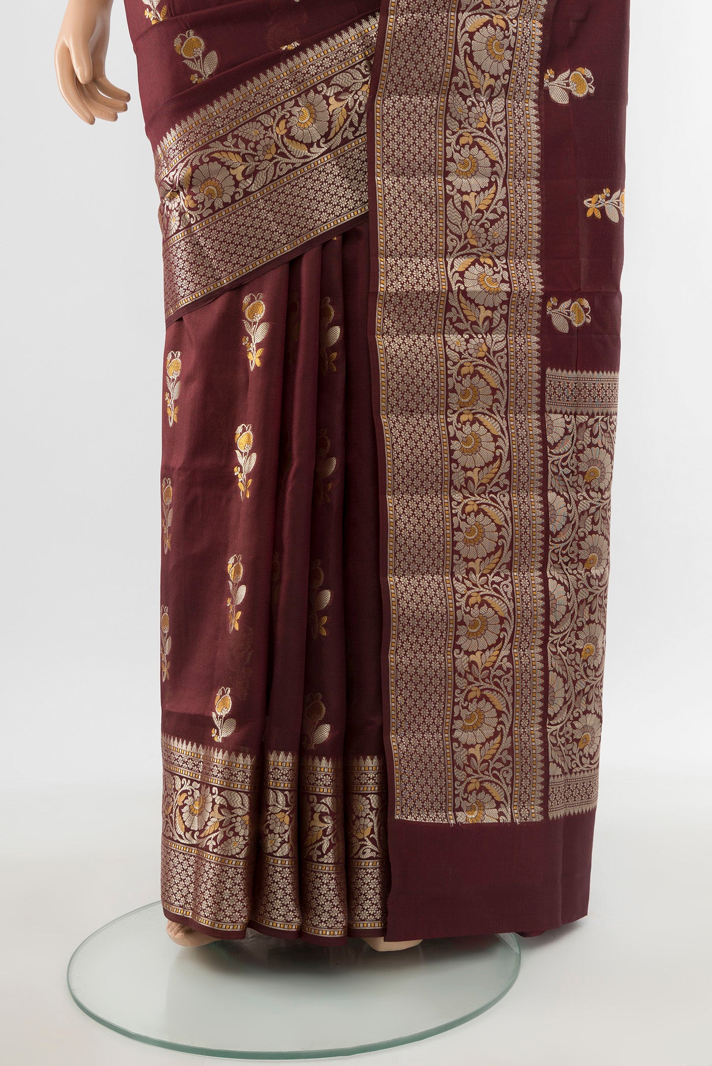 Pleats and pallu of Coffee Brown Banarasi Raw Silk Saree with Zari Butta on the body and Silk Border. 