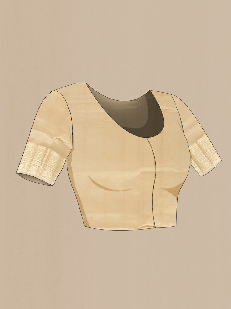 Close up image of the blouse of Dark Beige Banarasi Raw Silk Saree with Zari Butta on the body and Silk Border. 