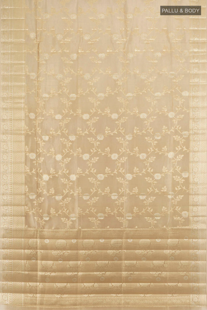 Flat view of Dark Beige Banarasi Raw Silk Saree with Zari Butta on the body and Silk Border. 