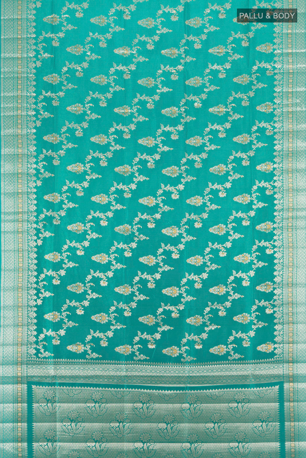 Flat view of Light Blue Banarasi Raw Silk Saree with Zari Butta on the body and Silk Border. 
