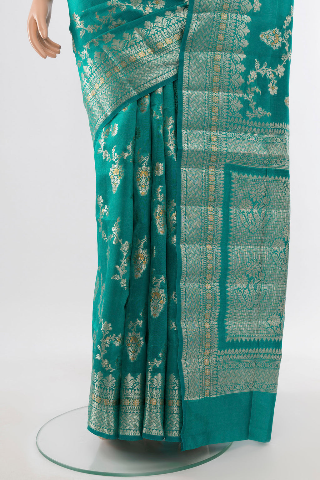 Pleats and pallu of Light Blue Banarasi Raw Silk Saree with Zari Butta on the body and Silk Border. 