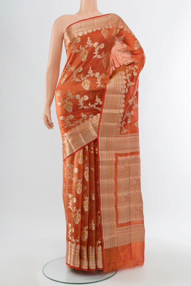 Rust Banarasi Raw Silk Saree with Zari Butta on the body and Silk Border.  displayed on a mannequin