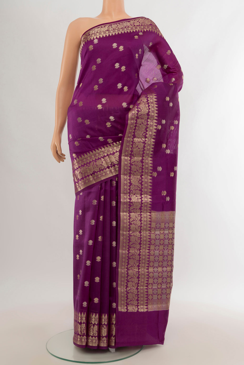 Violet Banarasi Raw Silk Saree with Zari Butta on the body and Zari Border.  displayed on a mannequin