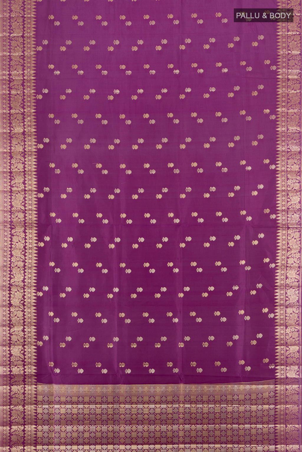 Flat view of Violet Banarasi Raw Silk Saree with Zari Butta on the body and Zari Border. 