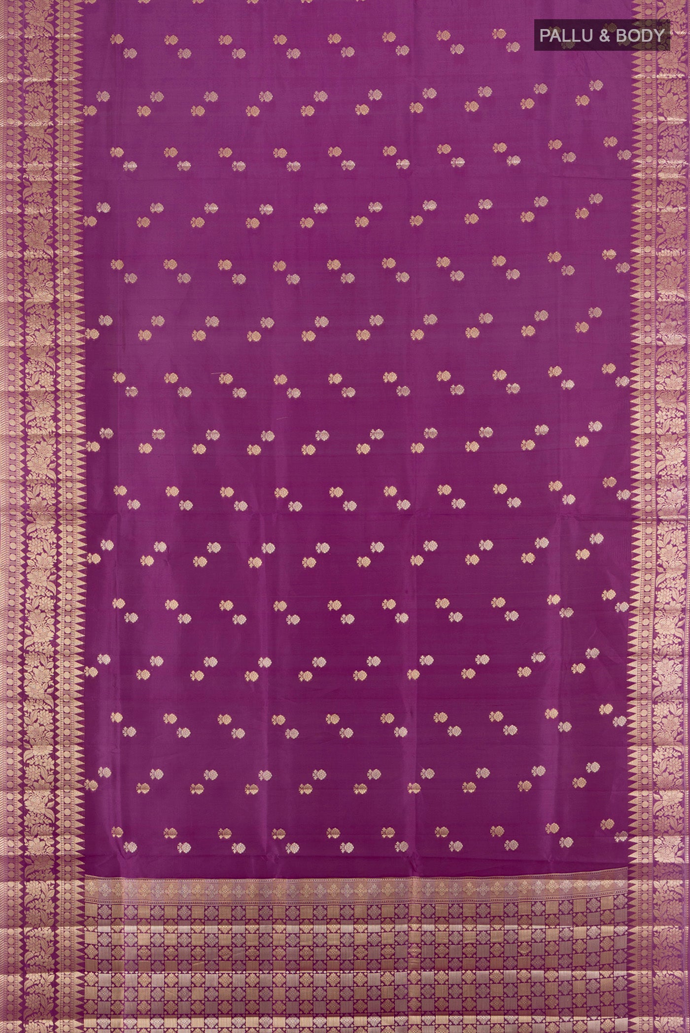 Flat view of Violet Banarasi Raw Silk Saree with Zari Butta on the body and Zari Border. 
