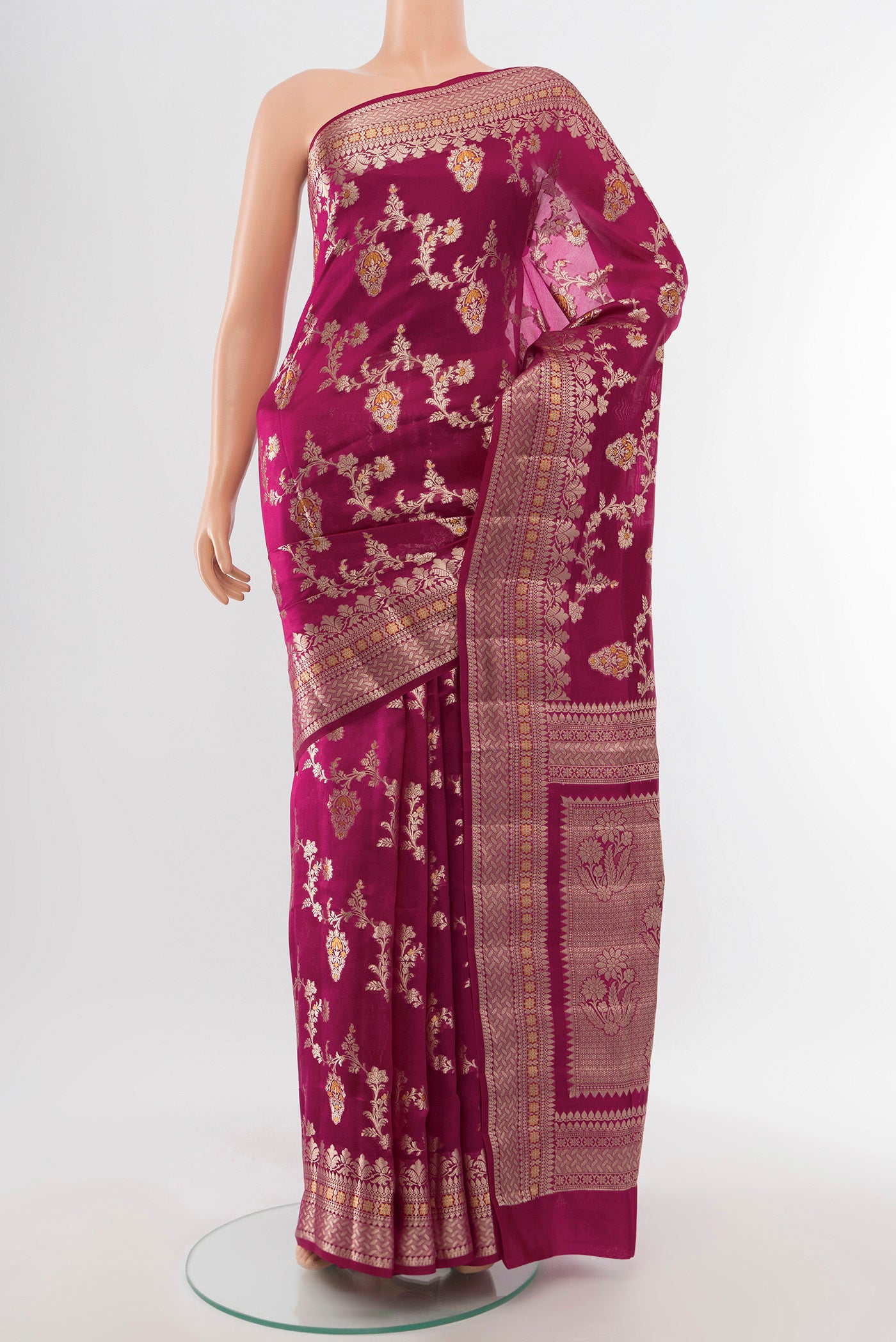 Purple Banarasi Raw Silk Saree with Zari Butta on the body and Silk Border.  displayed on a mannequin