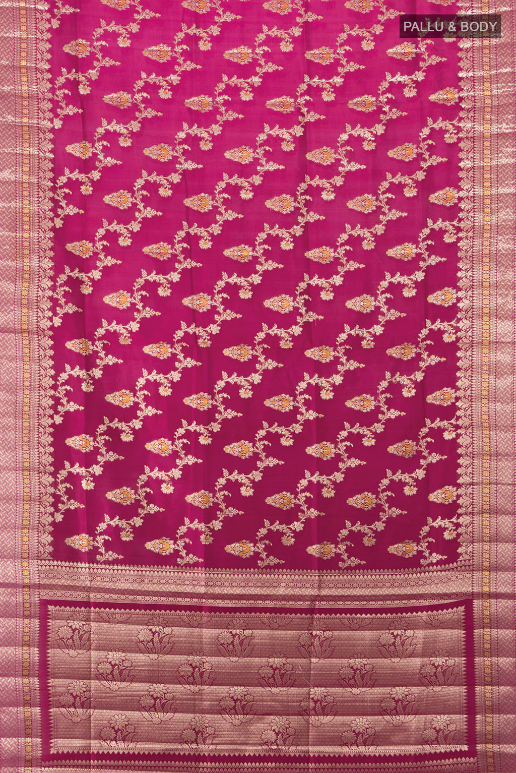 Flat view of Purple Banarasi Raw Silk Saree with Zari Butta on the body and Silk Border. 