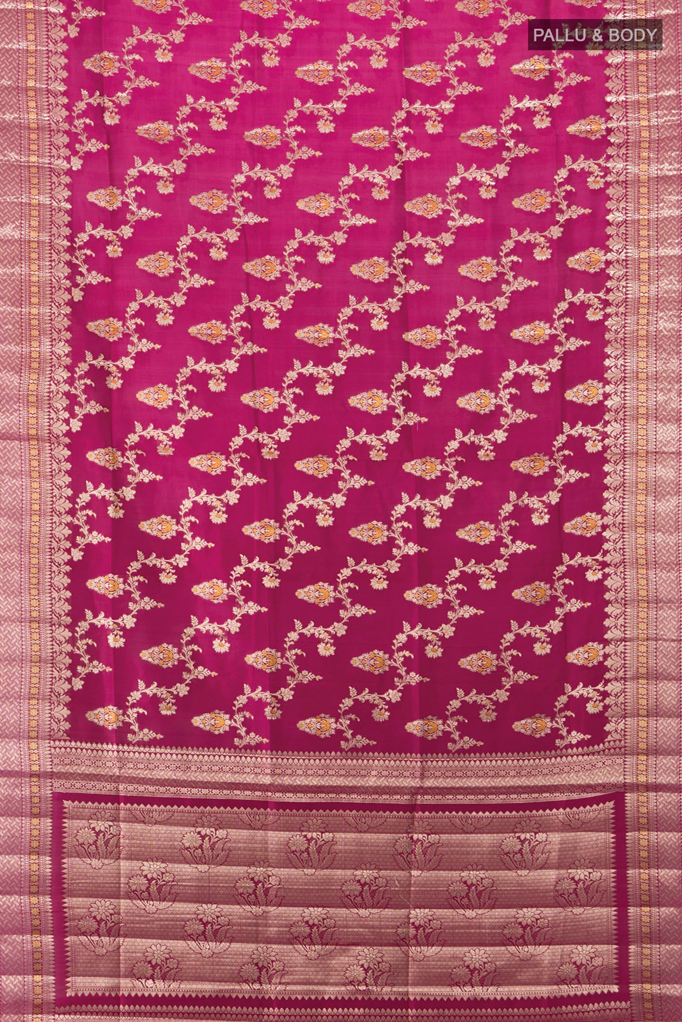 Flat view of Purple Banarasi Raw Silk Saree with Zari Butta on the body and Silk Border. 