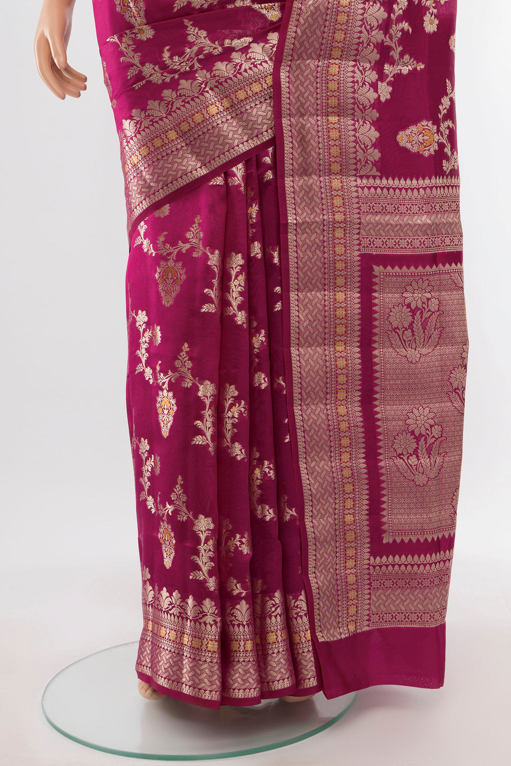 Pleats and pallu of Purple Banarasi Raw Silk Saree with Zari Butta on the body and Silk Border. 