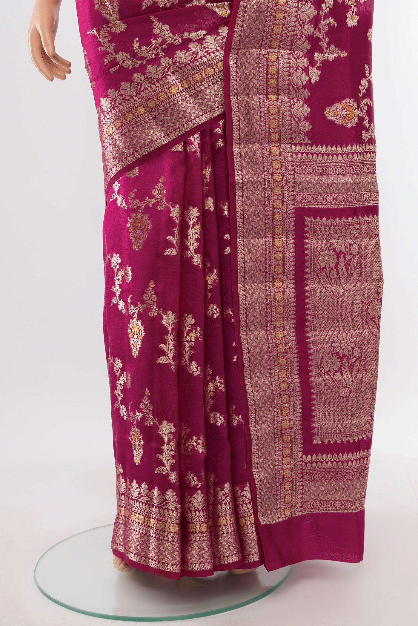 Pleats and pallu of Purple Banarasi Raw Silk Saree with Zari Butta on the body and Silk Border. 
