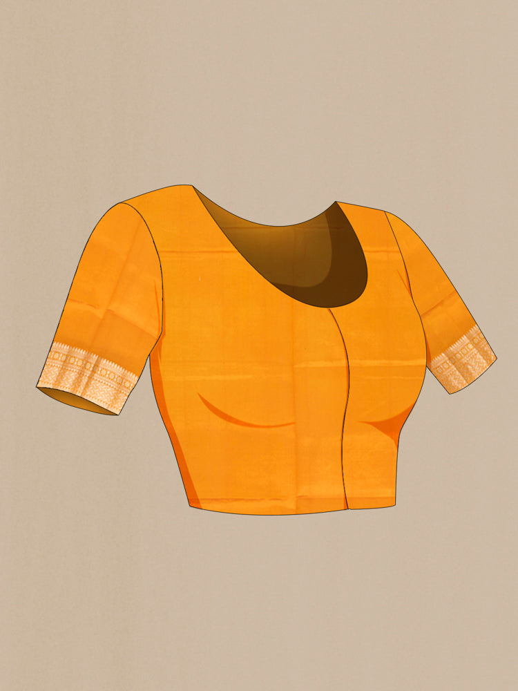 Close up image of the blouse of Mustard Banarasi Raw Silk Saree with Zari Butta on the body and Silk Border. 