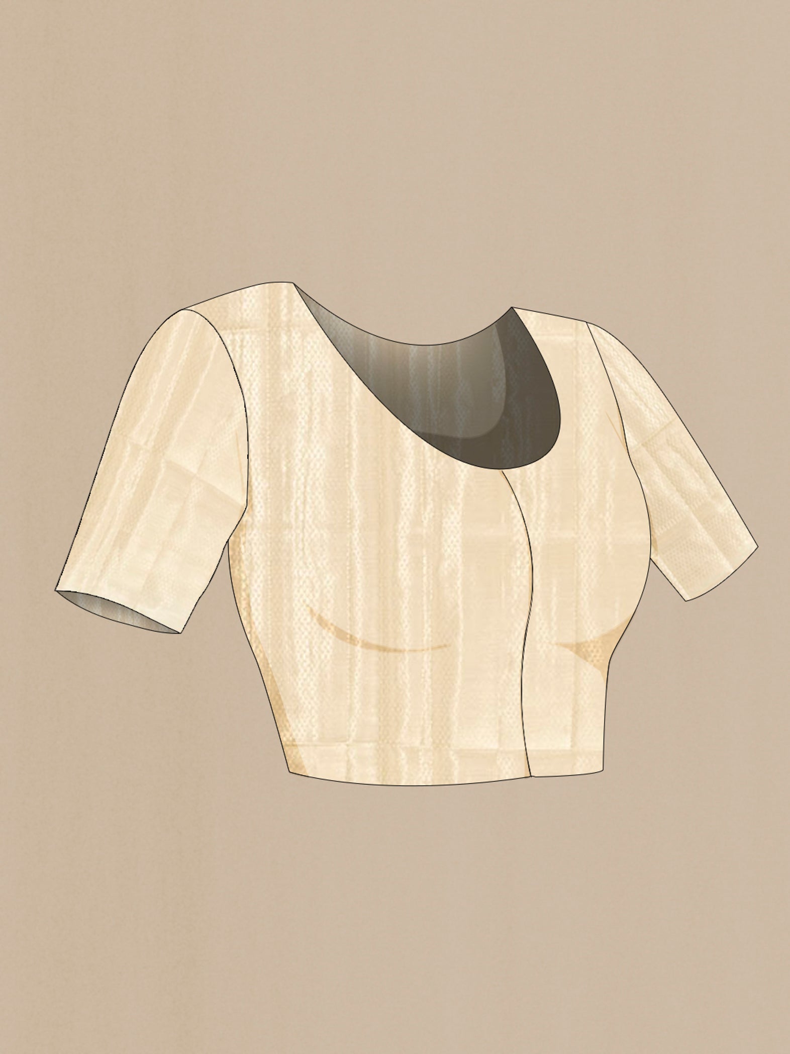 Close up image of the blouse of Cream Banarasi Raw Silk Saree with Zari Butta on the body and Zari Border. 
