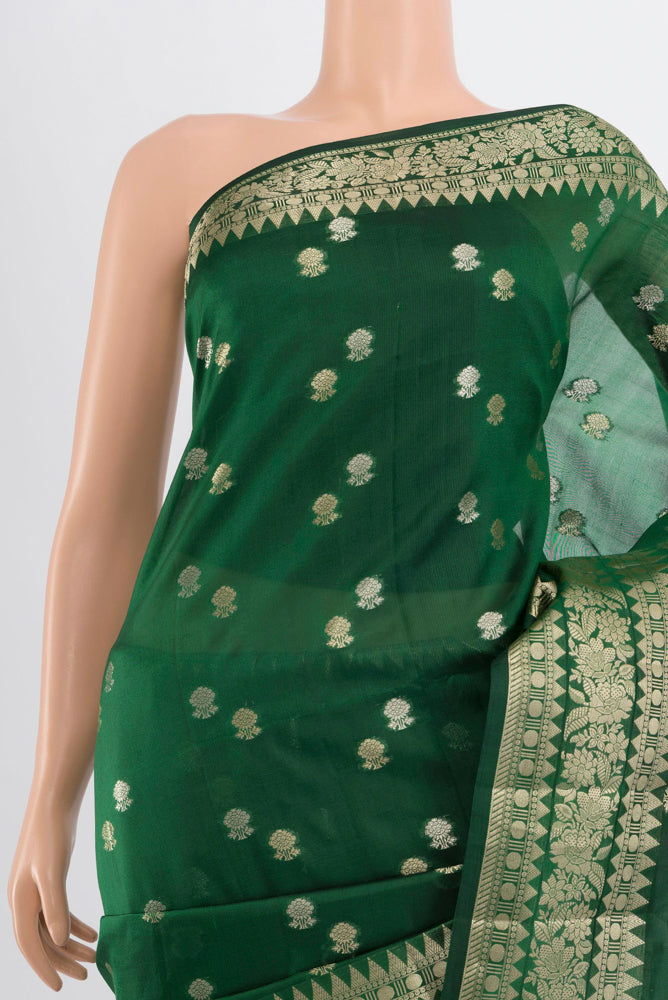 Border image of Bottle Green Banarasi Raw Silk Saree with Zari Butta on the body and Silk Border. 